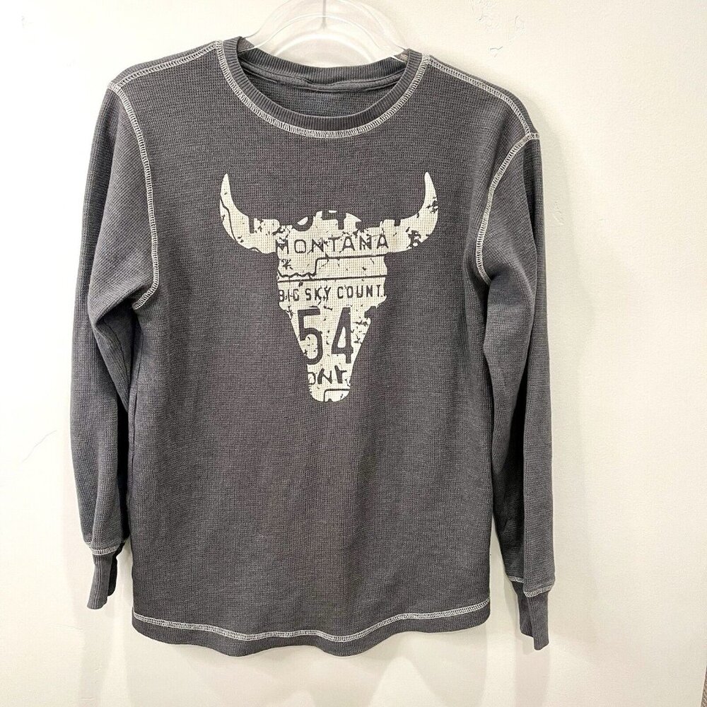 Montana Theme Gray Waffle Knit Long Sleeve Athletic Shirt Youth Size M